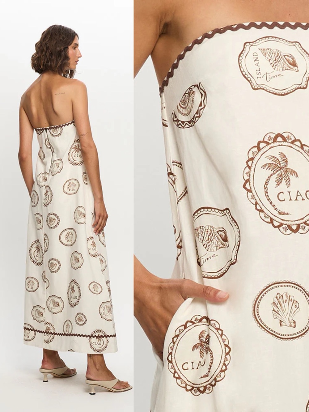 Kivari • Anthropologie Ciao Strapless Maxi Dress white linen print rickrack - Picture 4 of 15